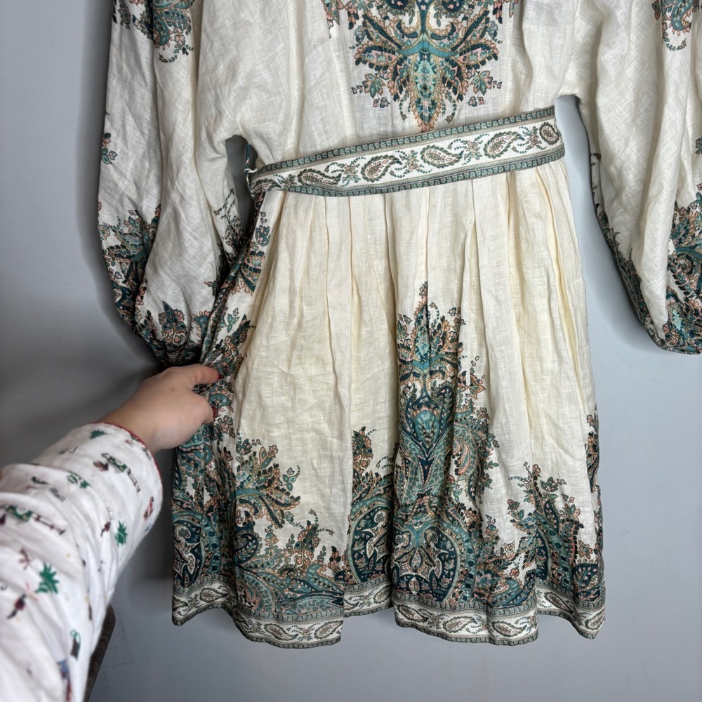 Zimmermann White Mini Dress with Teal and Beige Paisley Embroidery - Picture 16 of 16